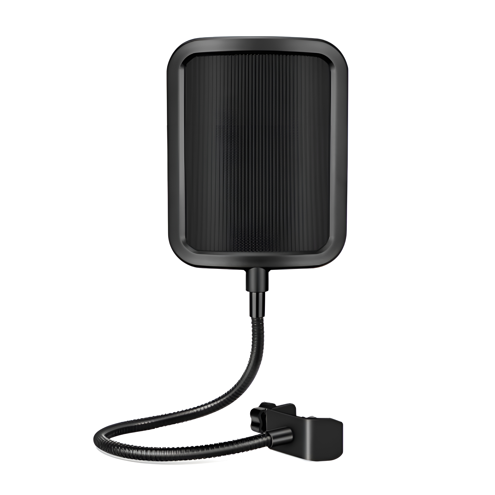 Ein schwarzer Mikrofon-Pop-Filter mit flexiblem Arm und einer Klemme zur Befestigung.