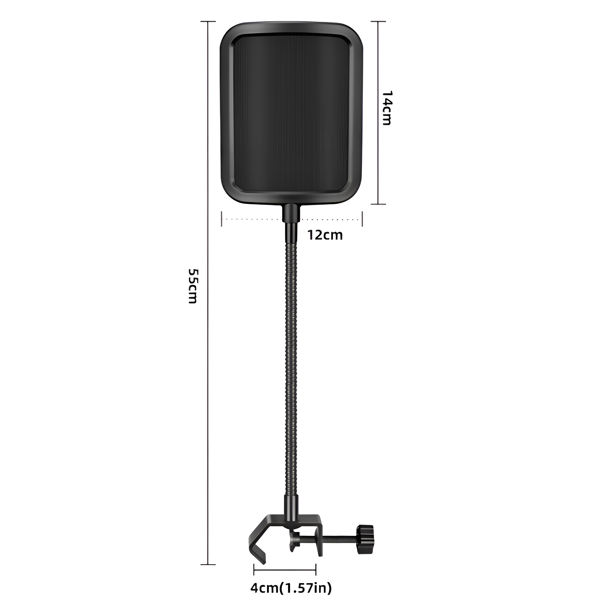 Schwarzer Pop-Filter an einem flexiblen Schwanenhalsarm mit einer Klemme unten.