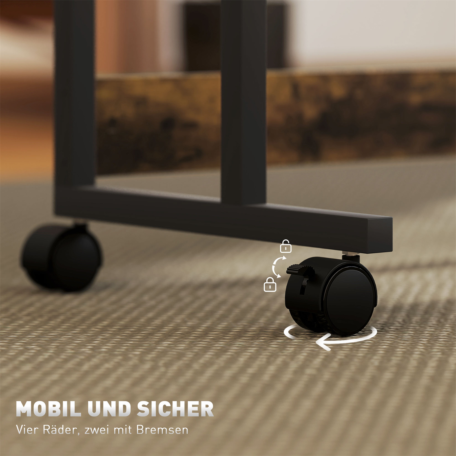 Schwarze Rollen mit Bremsen auf einem braunen Teppich, Nahaufnahme, zeigt die Mobilität und Sicherheit.