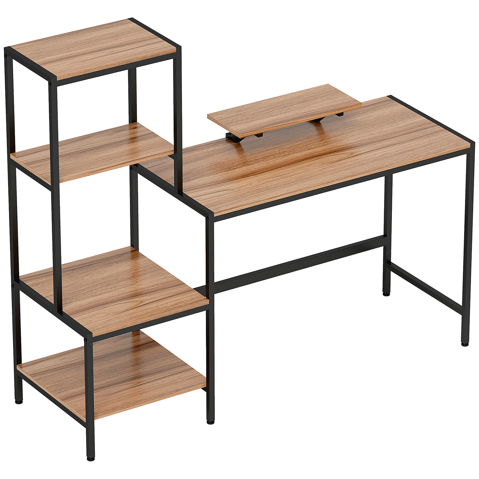 Holzschreibtisch mit schwarzem Metallrahmen, einschließlich Regalen und einem erhöhten Monitorregal.