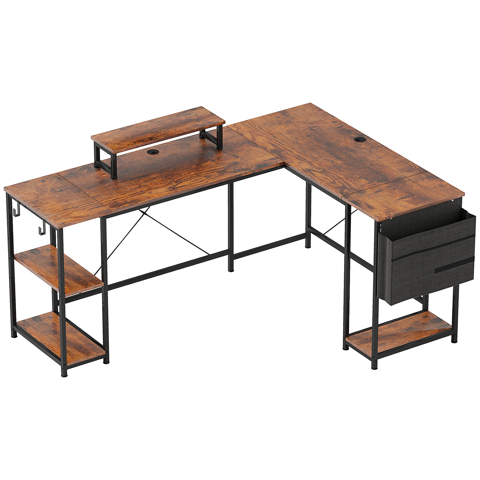 L-förmiger Holzschreibtisch mit schwarzem Metallrahmen, Regalen und einem Monitorregal.