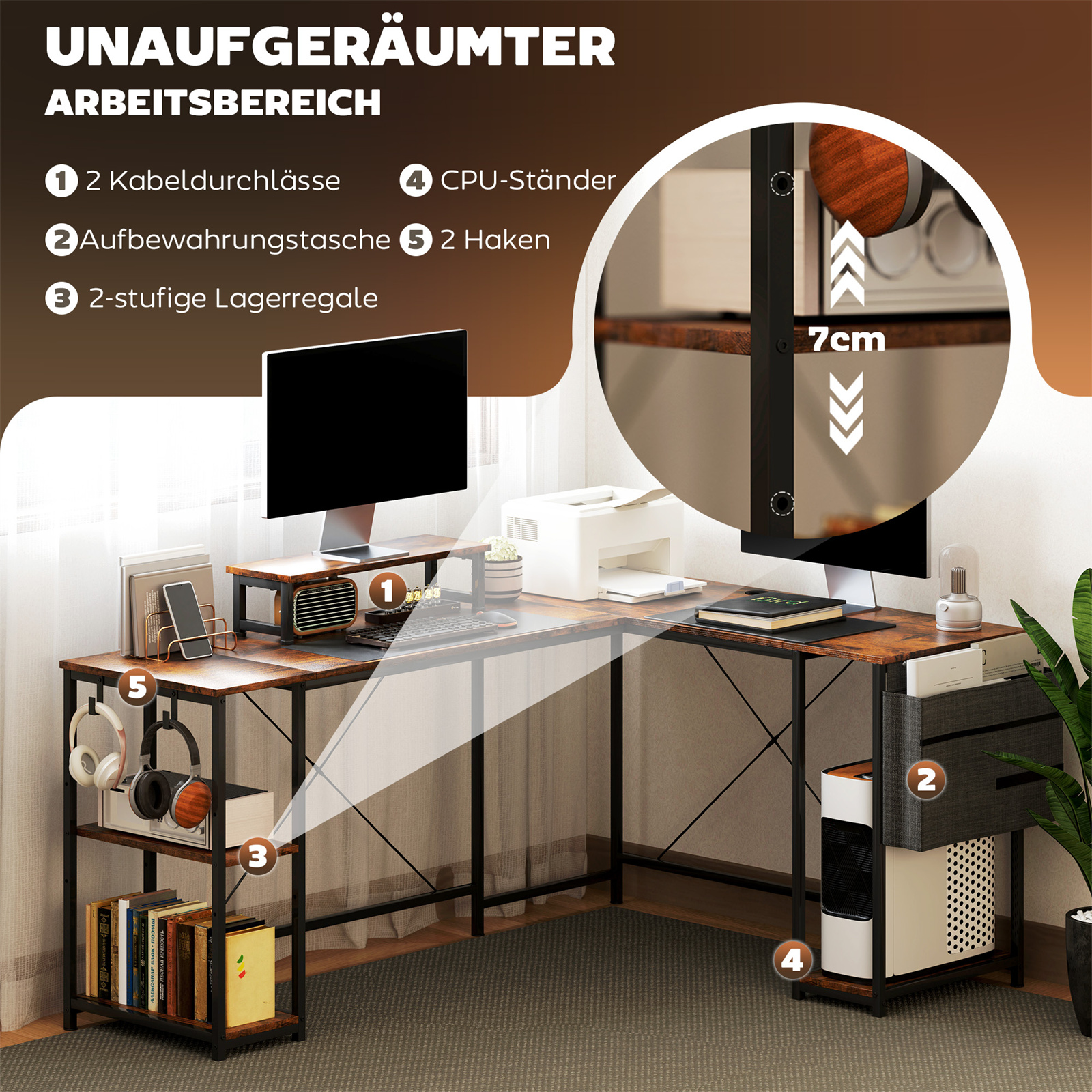 L-förmiger Schreibtischaufbau. Merkmale: Kabelführung, Stauraum, Regale, CPU-Ständer, Haken.