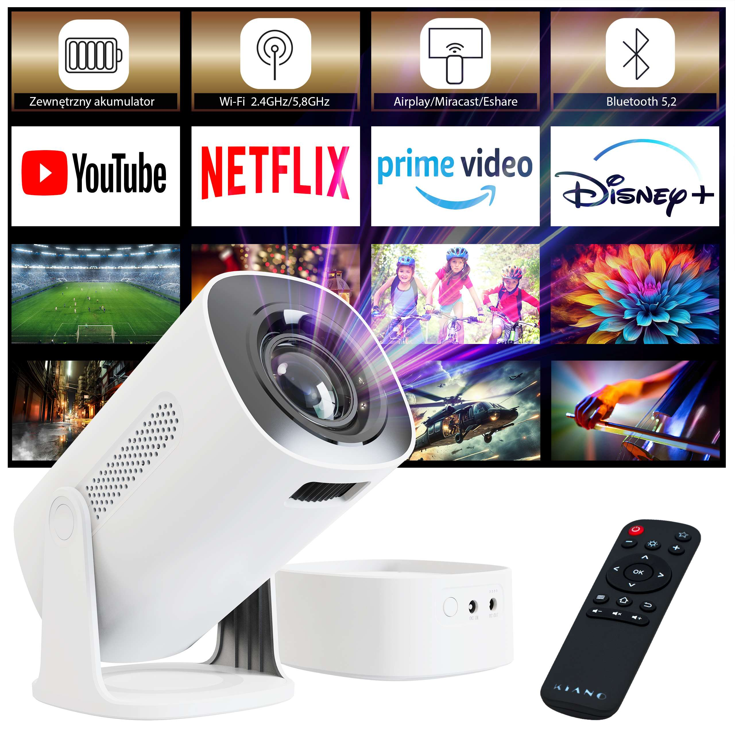 Weißer Projektor mit Fernbedienung und Icons für Streaming-Dienste wie YouTube und Netflix.