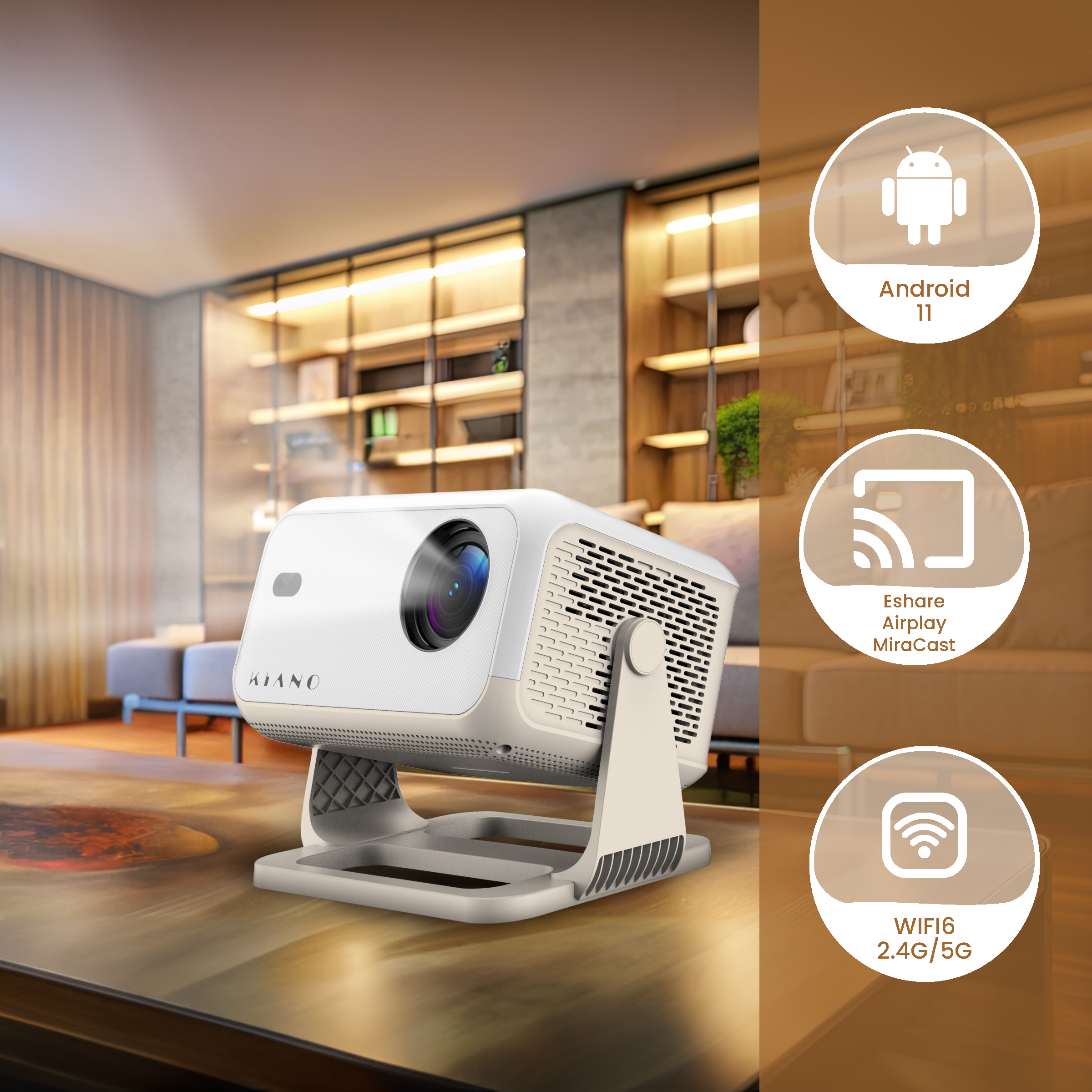 Biały projektor na stole. Ma obiektyw i podstawę, z ikonami dla Androida i WiFi.