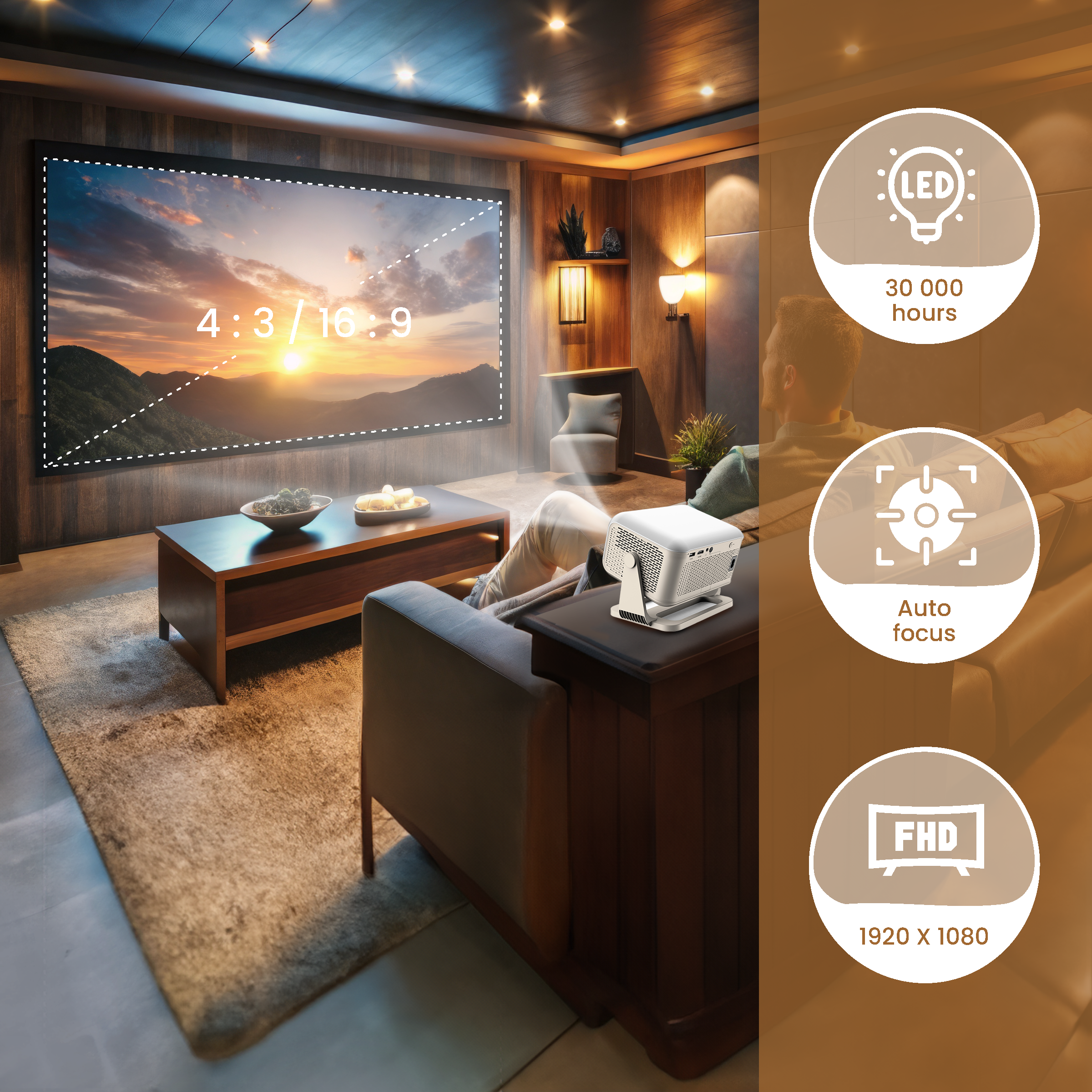 Scena kina domowego z projektorem, ekranem i osobą na kanapie. Wyświetlane są ikony.