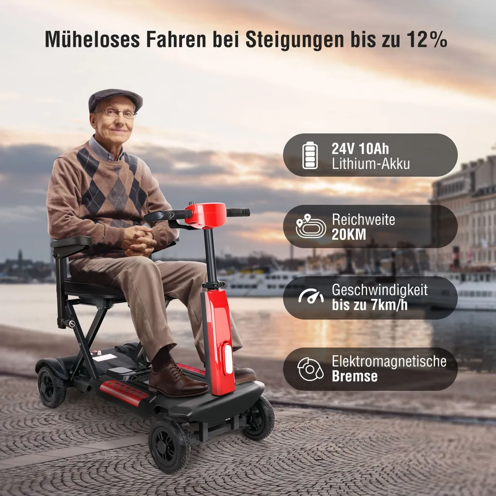 Älterer Mann auf einem rot-schwarzen Mobilitätsroller, Informationssymbole rechts.