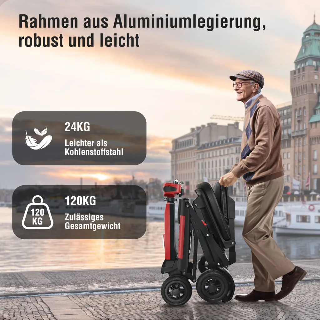 Älterer Mann mit Gehhilfe auf einem Bürgersteig. Gebäude im Hintergrund.
