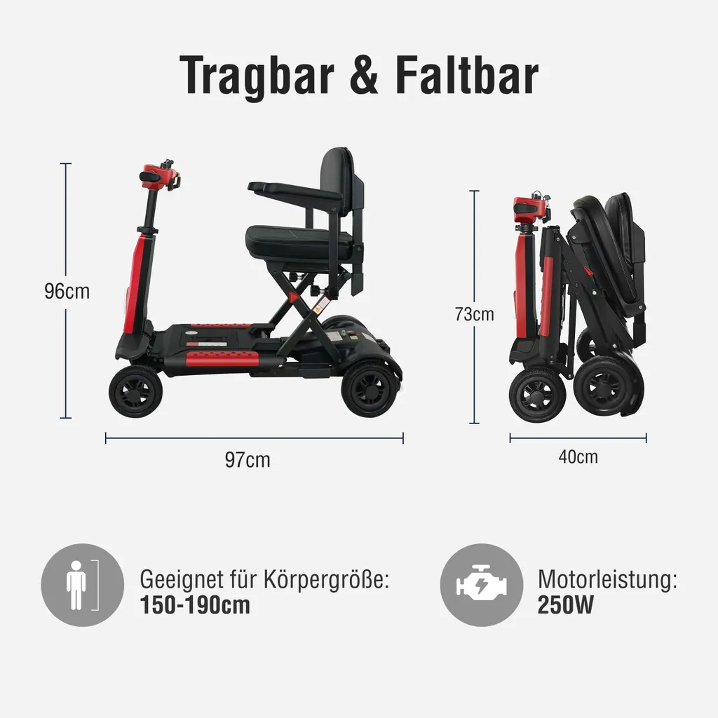 Faltbarer Mobilitätroller mit Abmessungen und einer Grafik einer Person.