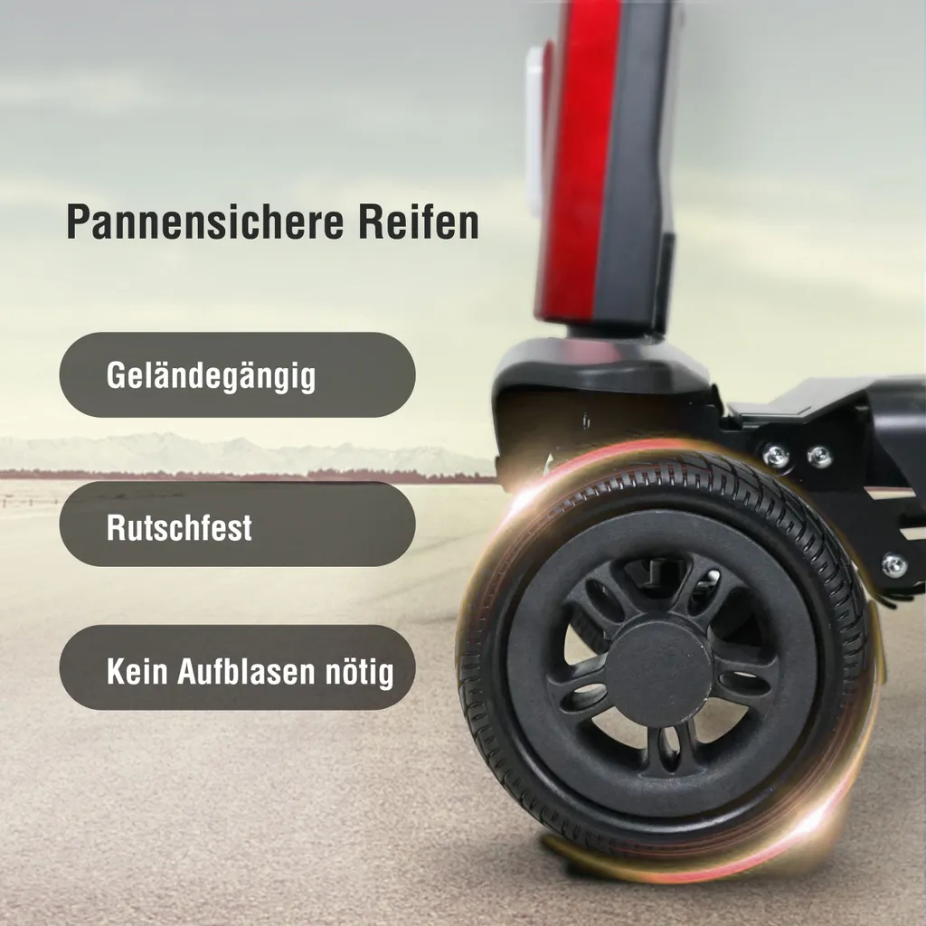 Schwarzes und rotes Mobilitätsroller-Rad mit Text: pannensicher, geländegängig, kein Aufblasen nötig.