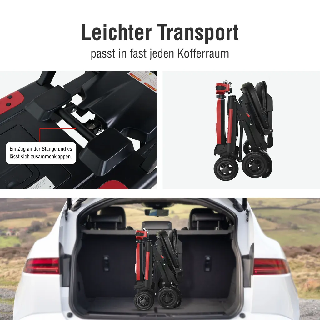 Faltbarer Roller in einem Kofferraum, der zeigt, wie er passt. Roter und schwarzer Roller.