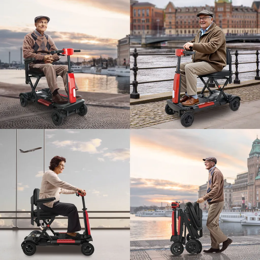 Vier Bilder von älteren Menschen auf roten Mobilitätsrollern in verschiedenen Umgebungen.