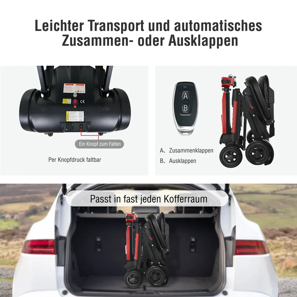 Zusammenklappbarer Kinderwagen in einem Kofferraum, mit Nahaufnahmen von Faltmechanismen.