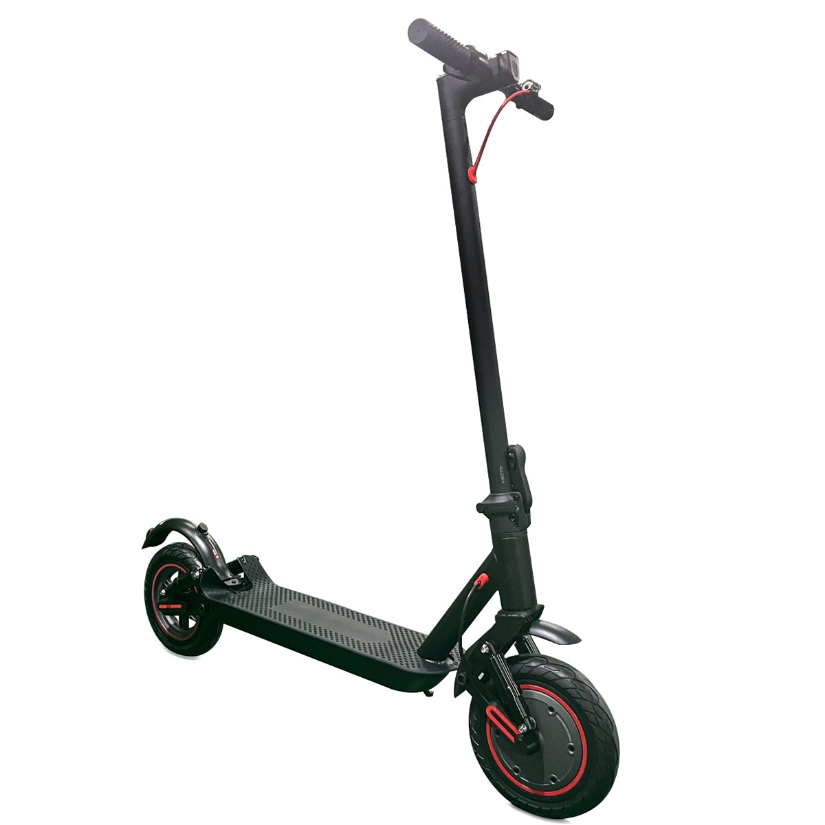 Czarny skuter elektryczny z czerwonym kablem i czerwonymi kołami na białym tle.