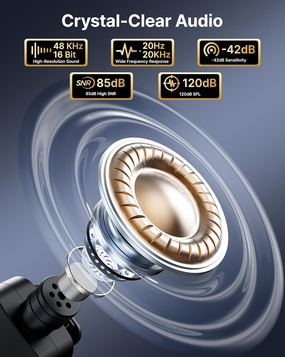 Primer plano de un auricular con texto e iconos. El texto dice 'Crystal-Clear Audio' y 'SNR 85dB'.