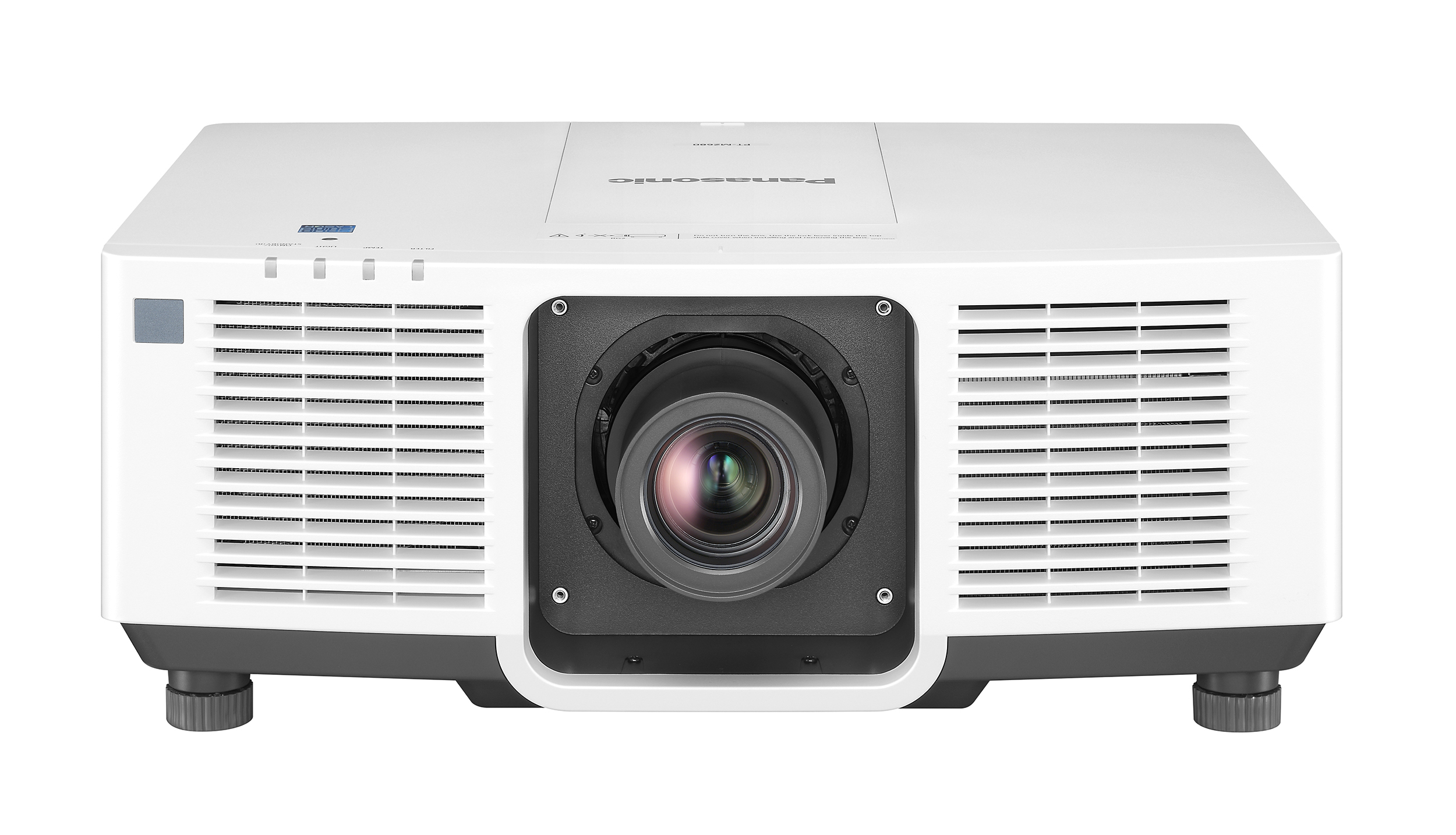 Un proyector blanco con una lente grande. Tiene rejillas de ventilación a los lados.