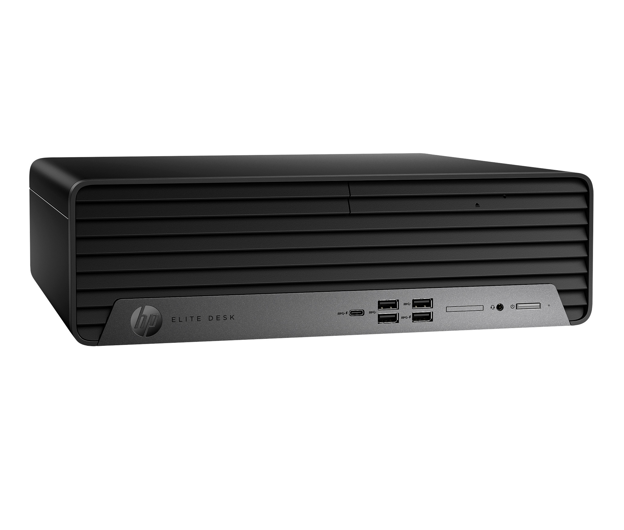 Computer HP EliteDesk nero su sfondo bianco, con design elegante e minimalista, con porte.