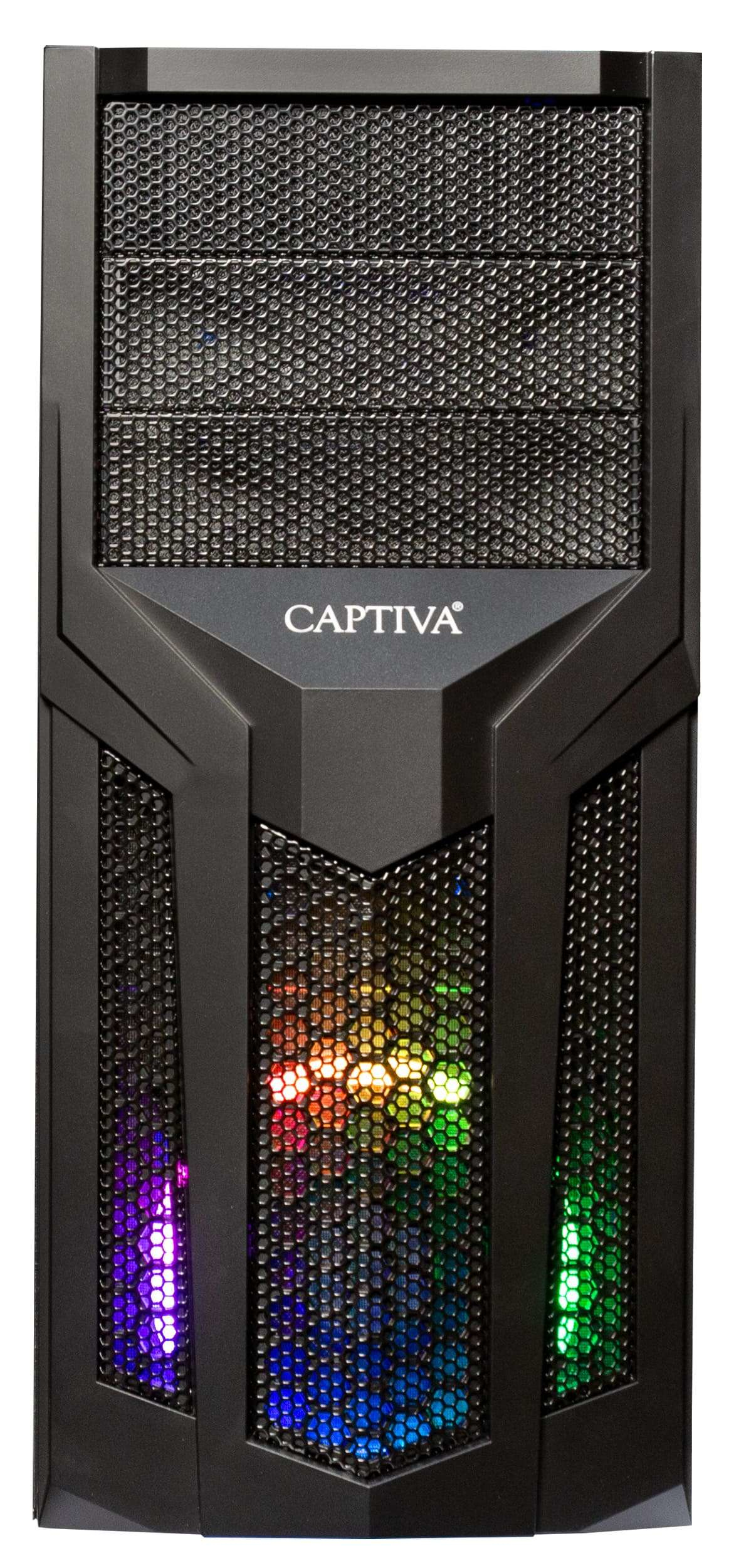 Schwarzes Captiva Gaming-PC-Gehäuse mit RGB-Beleuchtung und Captiva-Logo.