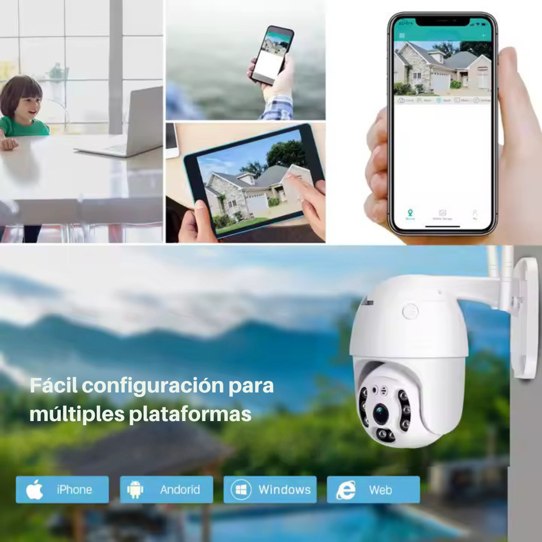 Una cámara de seguridad con múltiples imágenes de casas y teléfonos mostrando imágenes de vigilancia.