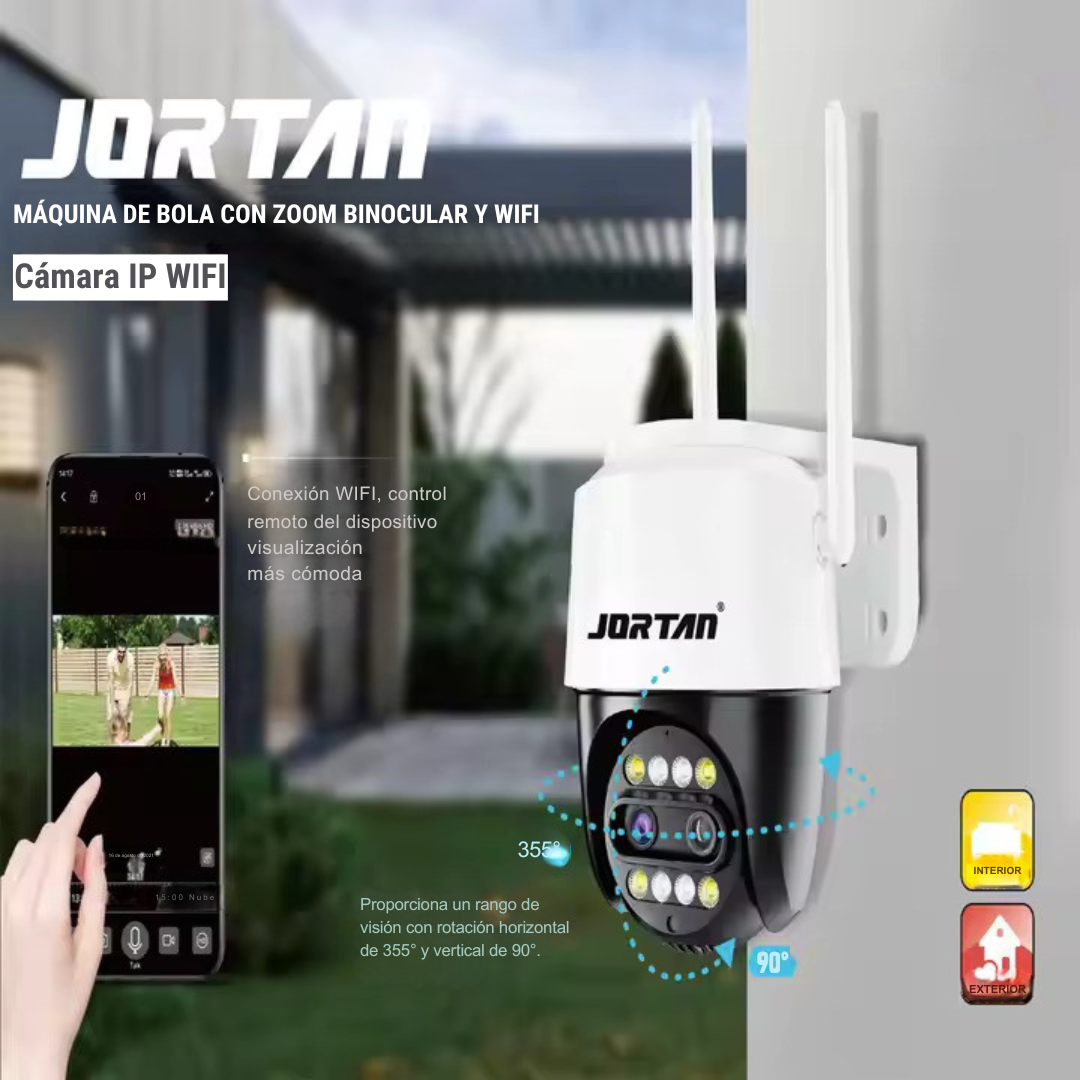 Una telecamera di sicurezza in bianco e nero con antenne, schermo di smartphone e testo di supporto.