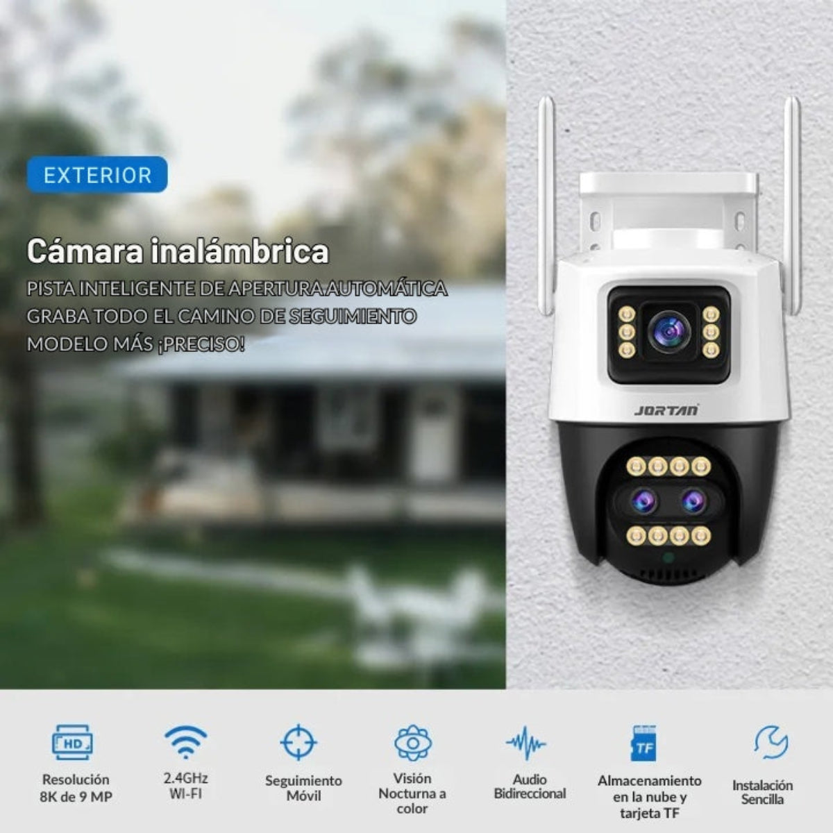 Una telecamera di sicurezza bianca con testo e icone su un muro.