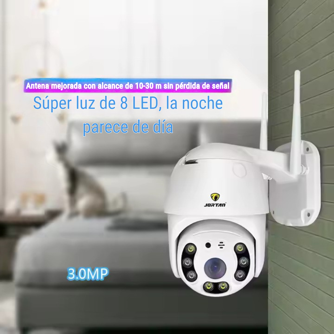 Cámara de seguridad blanca con antenas montada en la pared. Superposiciones de texto.