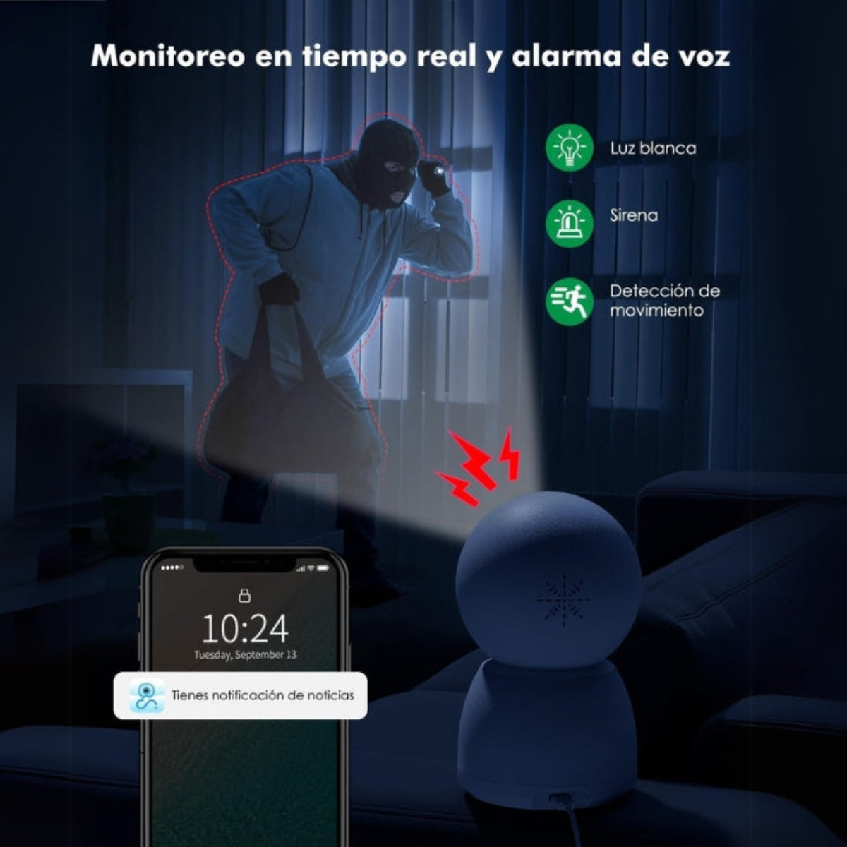 Imagen de cámara de seguridad mostrando un ladrón con linterna y un teléfono mostrando notificación.