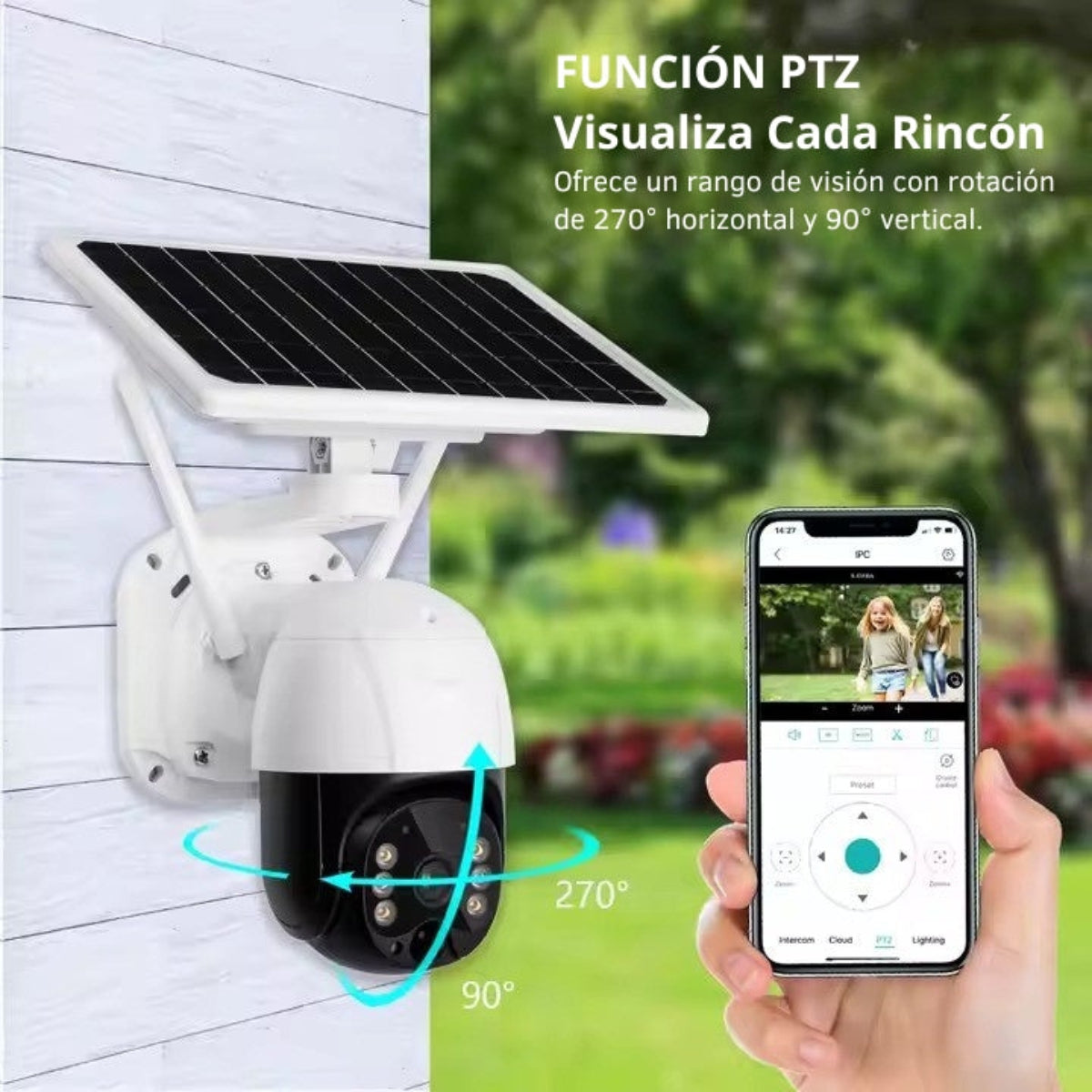Cámara de seguridad con panel solar y smartphone mostrando la vista de la cámara.