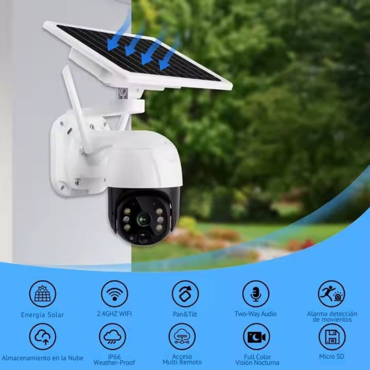 Cámara de seguridad blanca con panel solar, montada al aire libre.