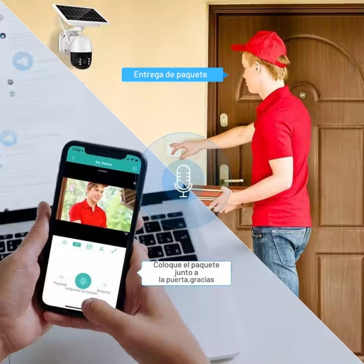 Una persona de rojo entrega un paquete. Un teléfono lo muestra en cámara. Una cámara solar monitorea la entrega.