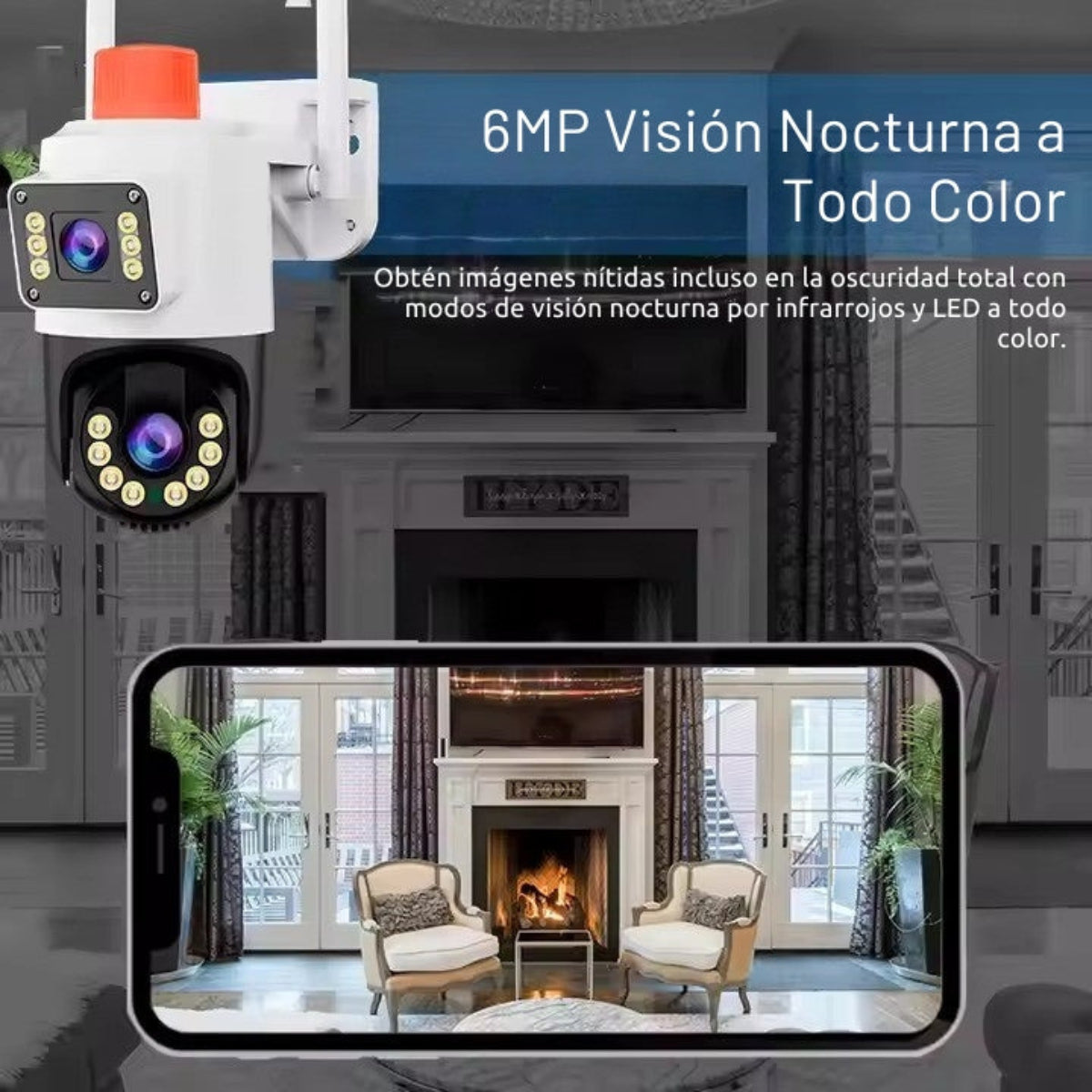 Cámara de seguridad y un smartphone mostrando una sala de estar con chimenea.