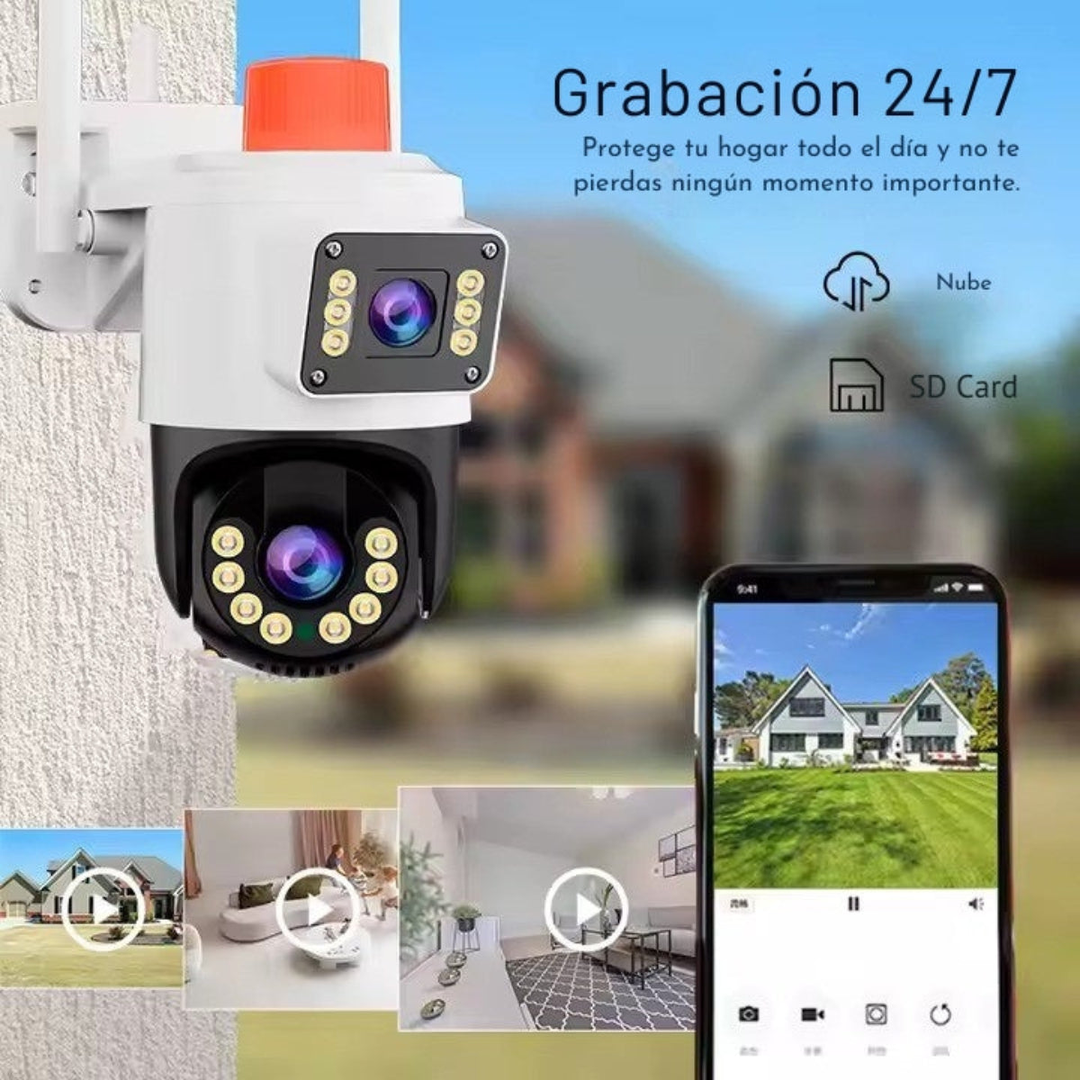 Cámara de seguridad montada en una pared. Es blanca y negra, con un teléfono que muestra la vista. La escena es una casa.