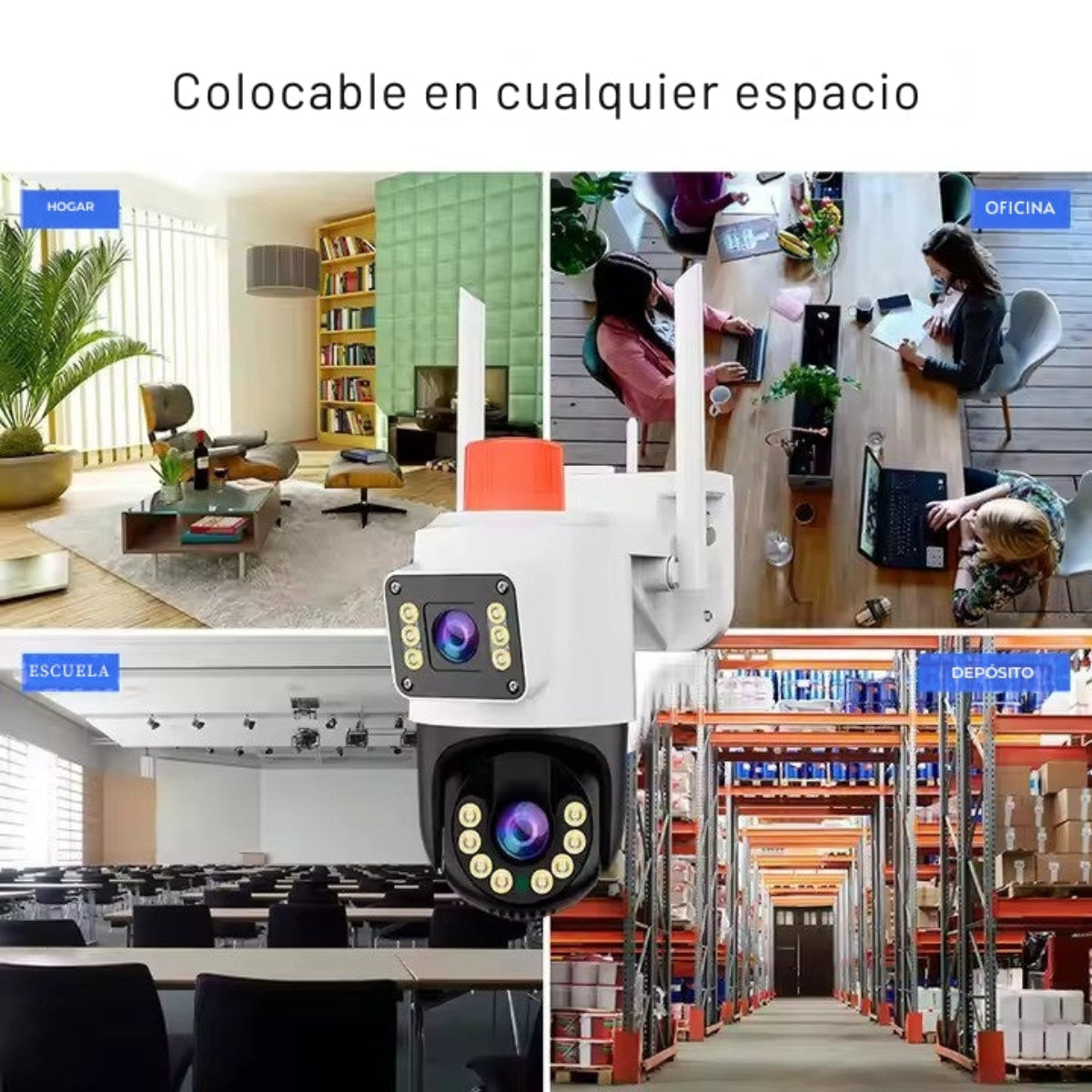 Cámara de seguridad con vistas de: hogar, oficina, escuela y almacén.