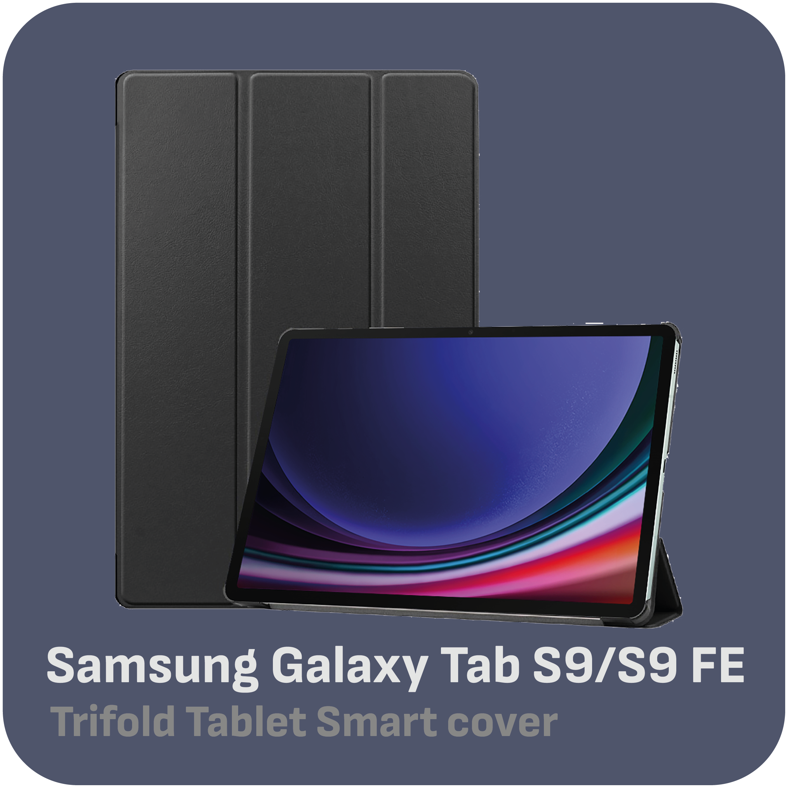 Schwarze Tablethülle und Tablet mit blauem Bildschirm. Text: Samsung Galaxy Tab S9/S9 FE.