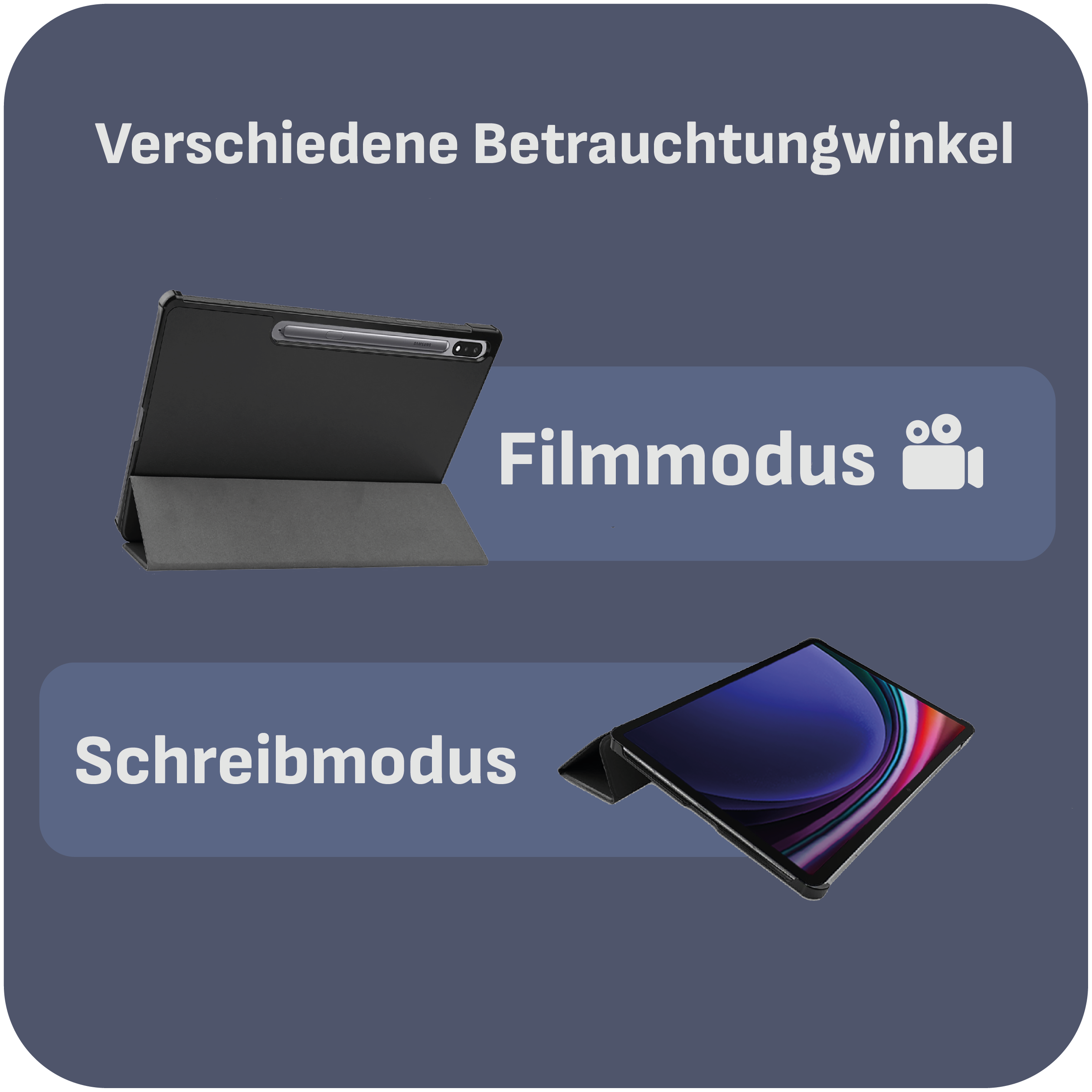 Eine schwarze Tablethülle im Film- und Schreibmodus auf dunklem Hintergrund.