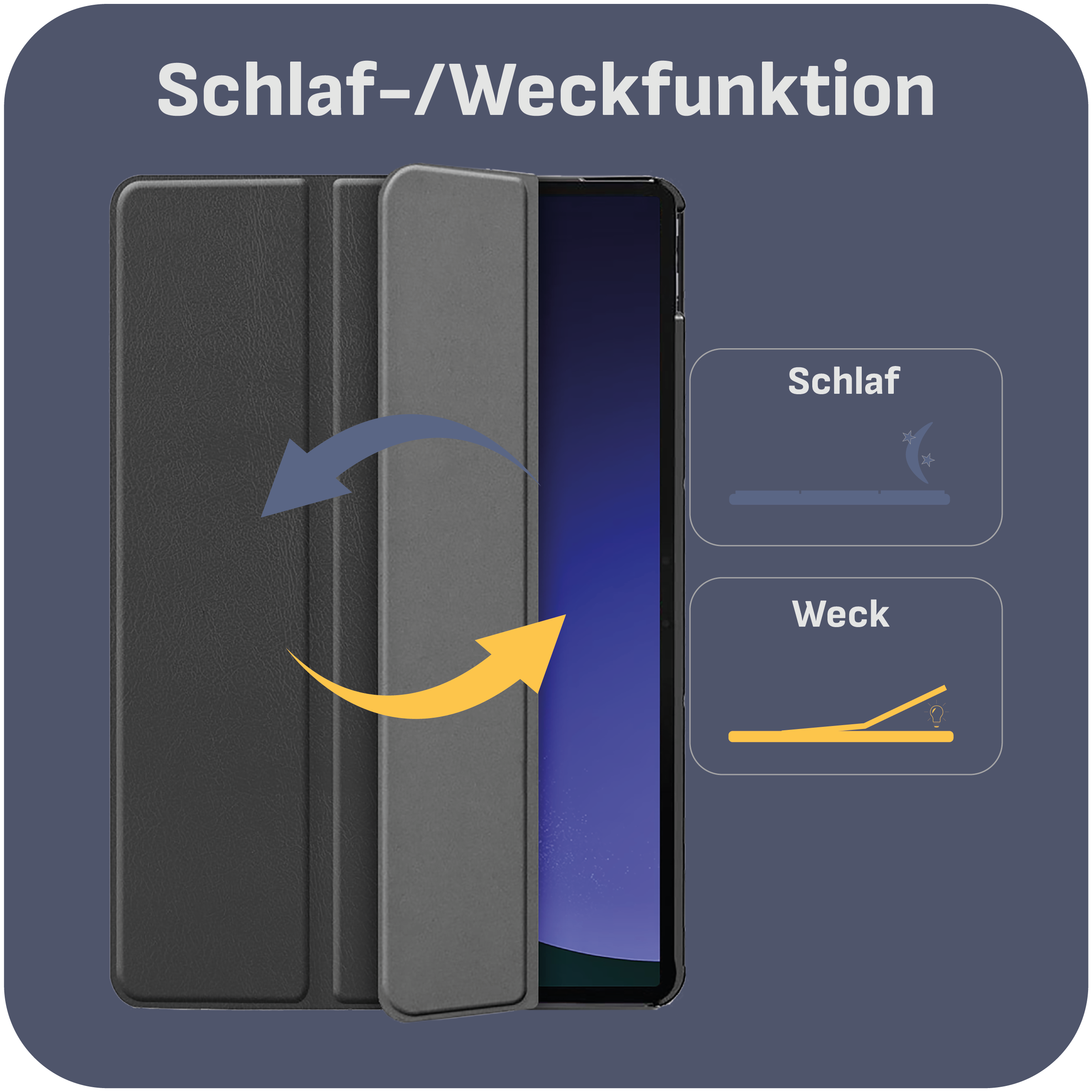 Eine Smartphone-Hülle mit Schlaf-/Weckfunktion. Sie hat eine schwarze Abdeckung mit blauem und gelbem Pfeil.