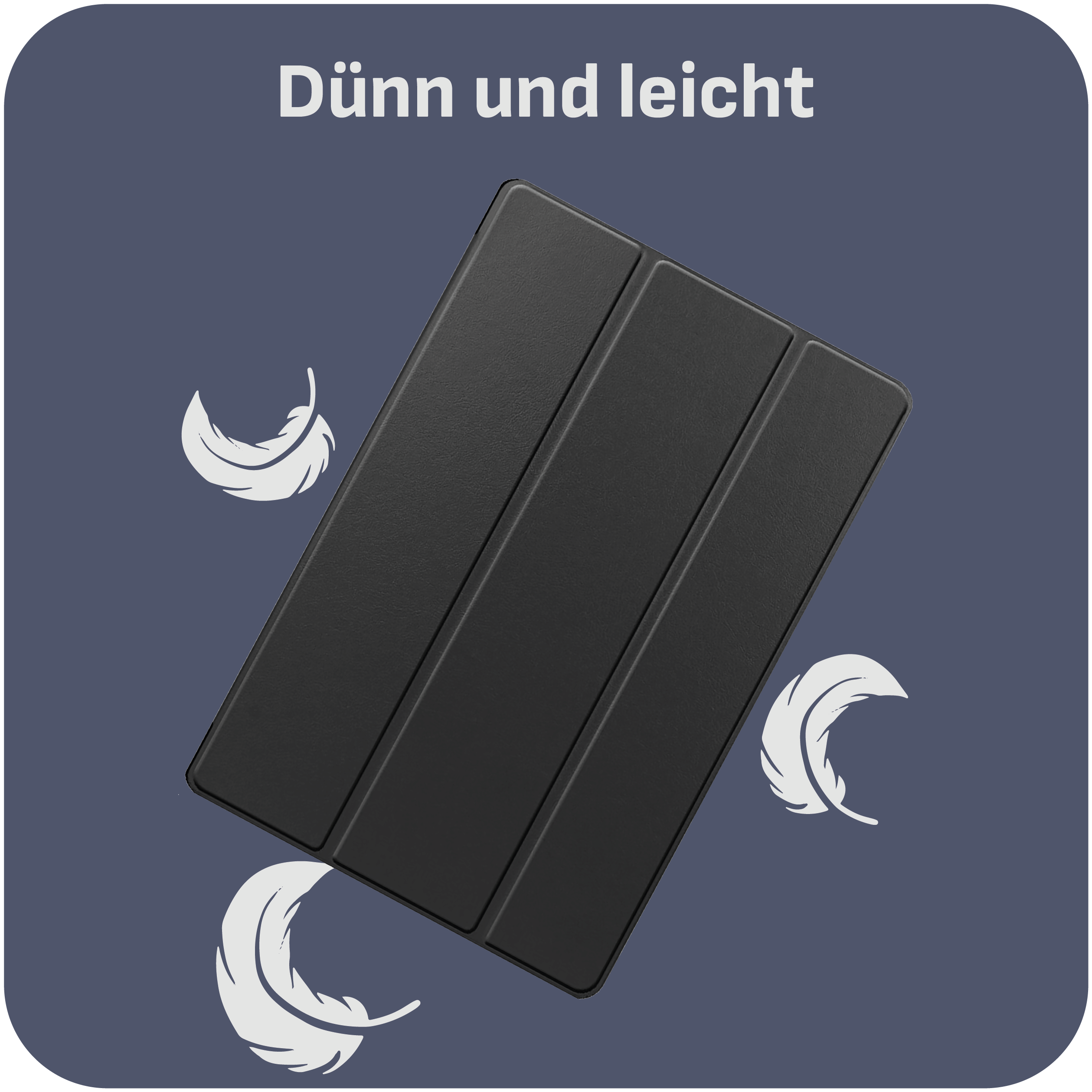 Eine schwarze Tablethülle mit weißen Federn auf dunkelblauem Hintergrund, mit dem Text: 'Dünn und leicht'.