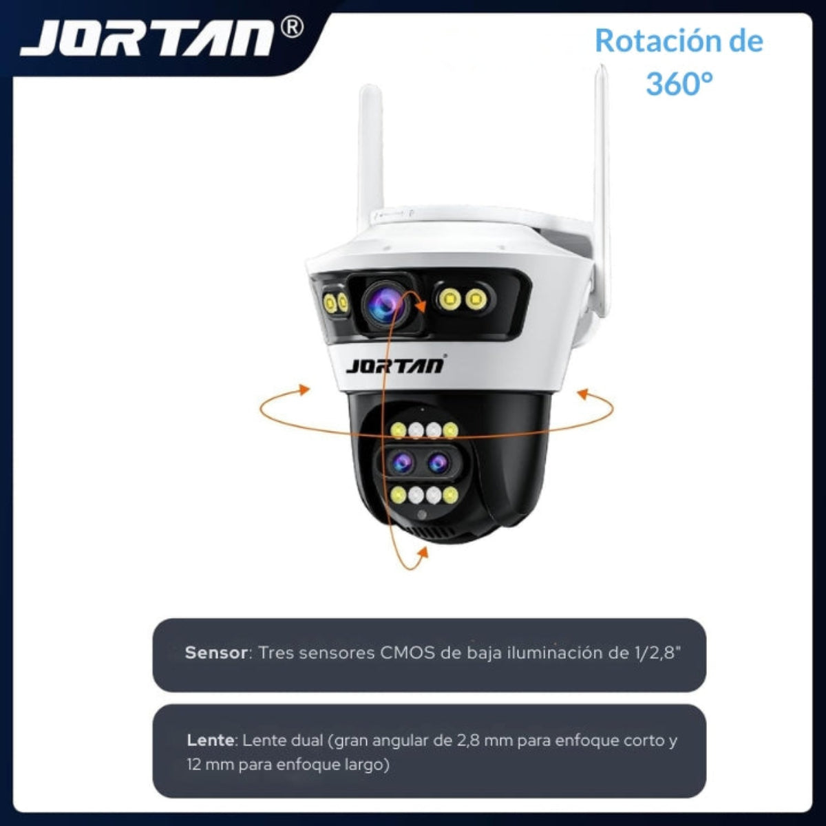 Una cámara de seguridad en blanco y negro con dos antenas y etiquetas de texto.
