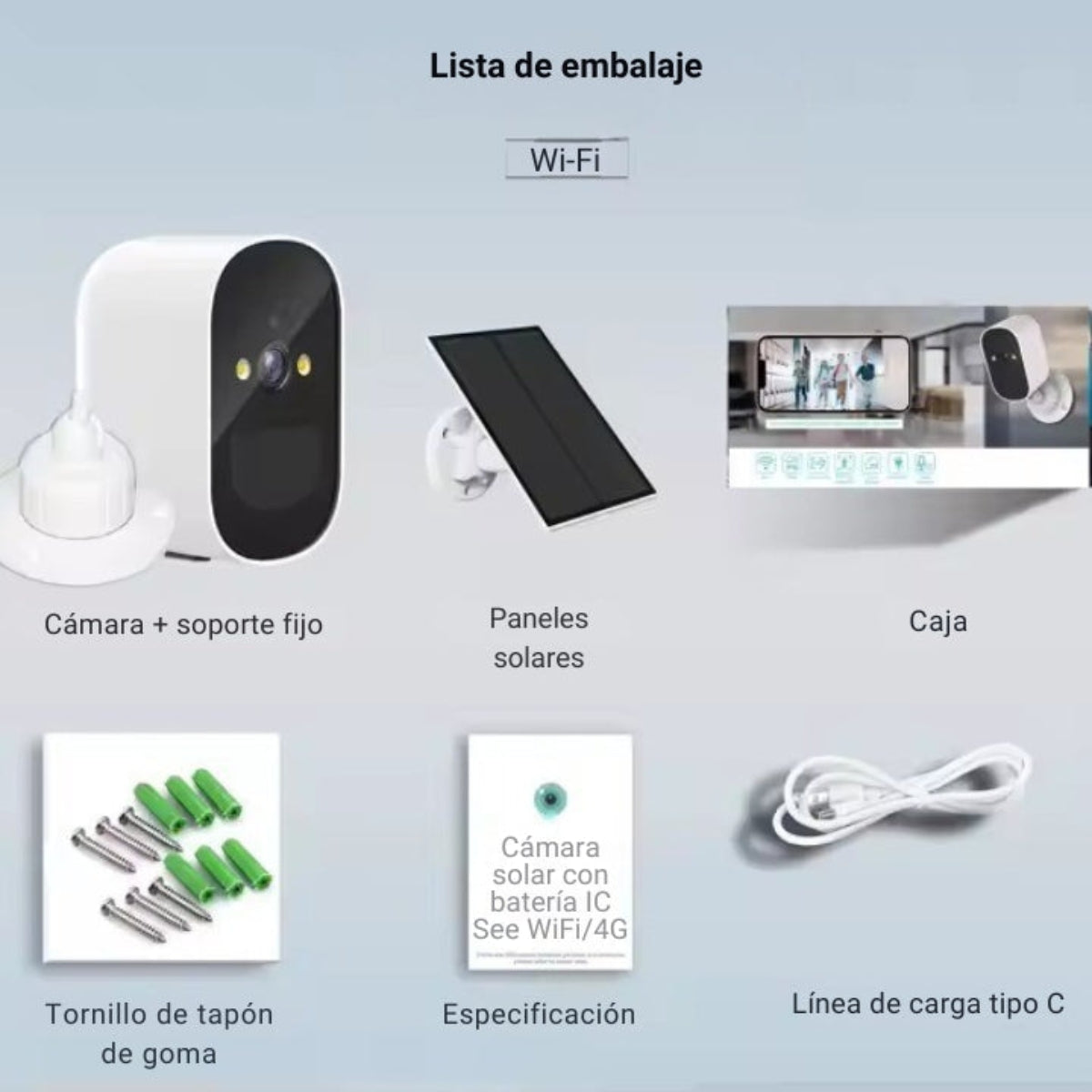 Lista de embalaje con cámara de seguridad, panel solar, pantalla, tornillos y cable de carga.