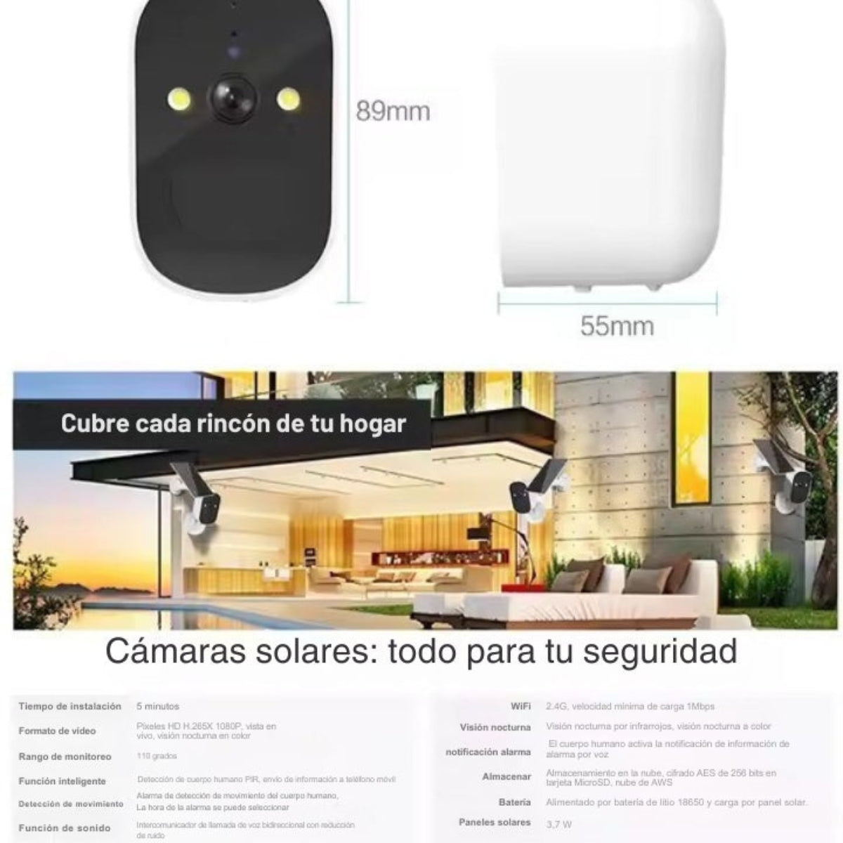 Cámara de seguridad blanca con texto y diagramas. Explica características y dimensiones.