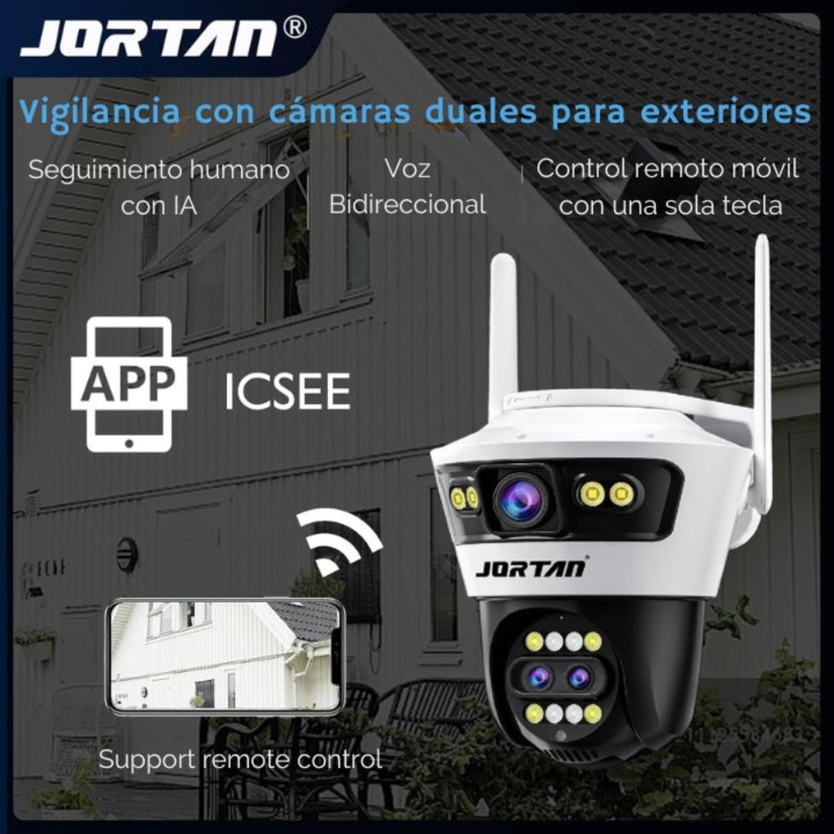 Cámara de seguridad con cámaras duales y antenas. Se muestra el icono de la aplicación y la vista de la casa.