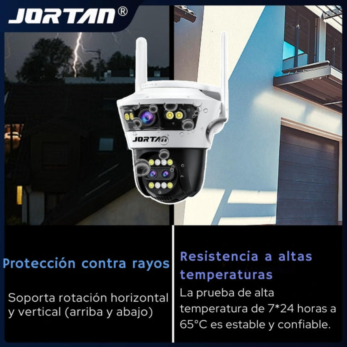 Cámara de seguridad en blanco y negro. Está etiquetada como JORTAN. Incluye protección contra rayos.