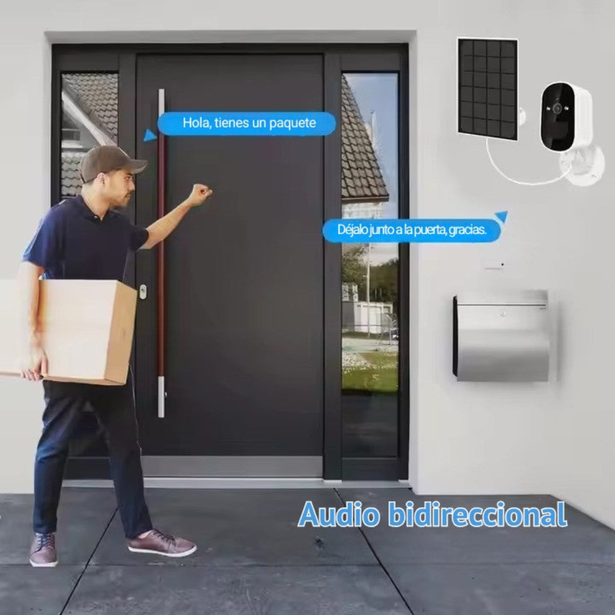 Un repartidor en una puerta con un paquete, una cámara de seguridad y un buzón.