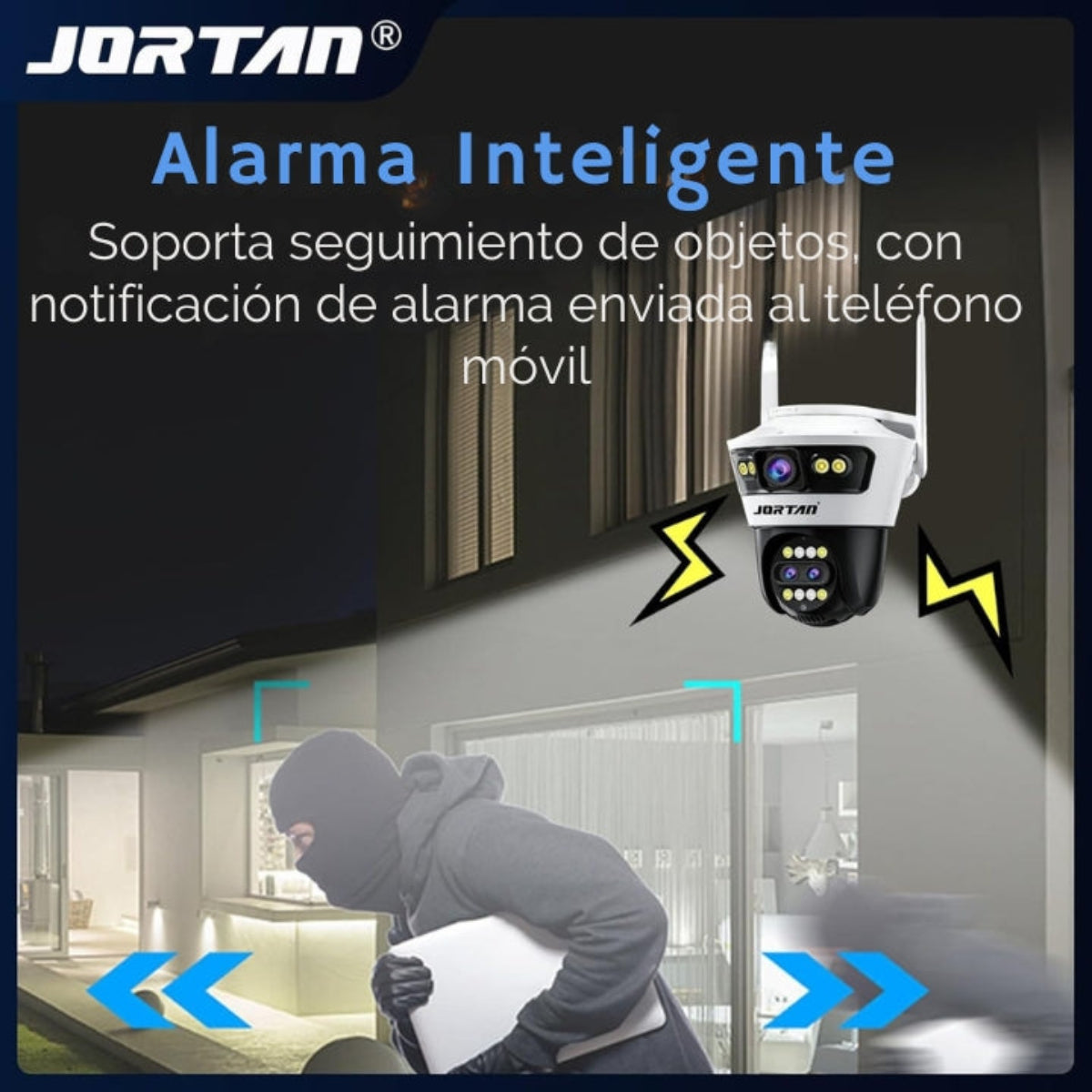 Imagen de cámara de seguridad con ladrón e información de alarma en español.