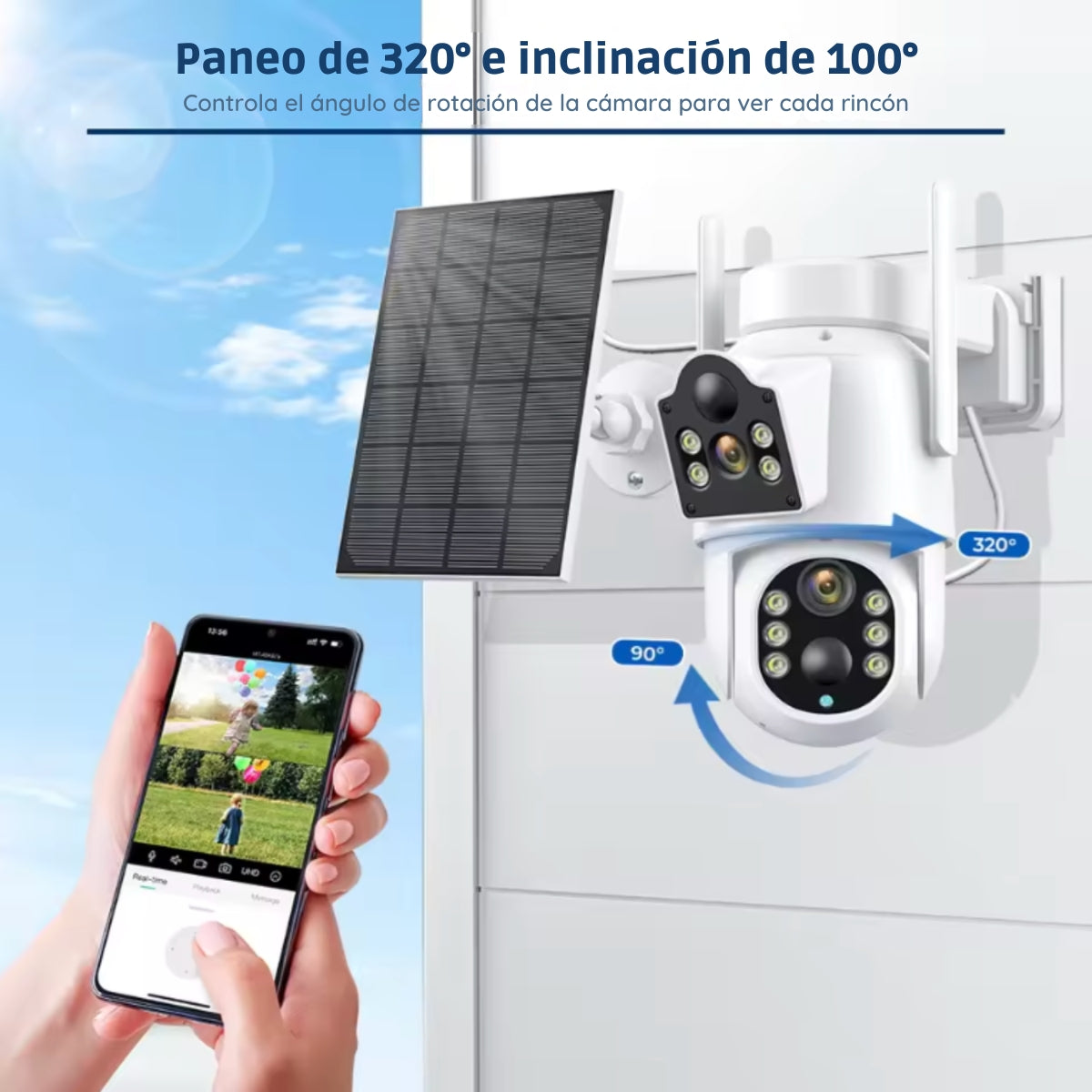 Una telecamera di sicurezza bianca con pannello solare e un telefono che mostra un'app.