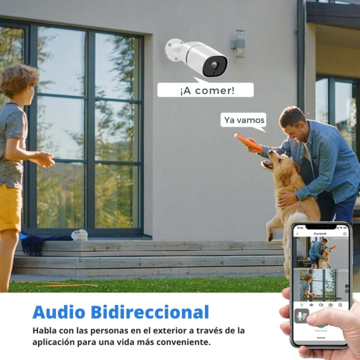 Cámara de seguridad exterior, personas interactuando con un perro y una pantalla de teléfono.