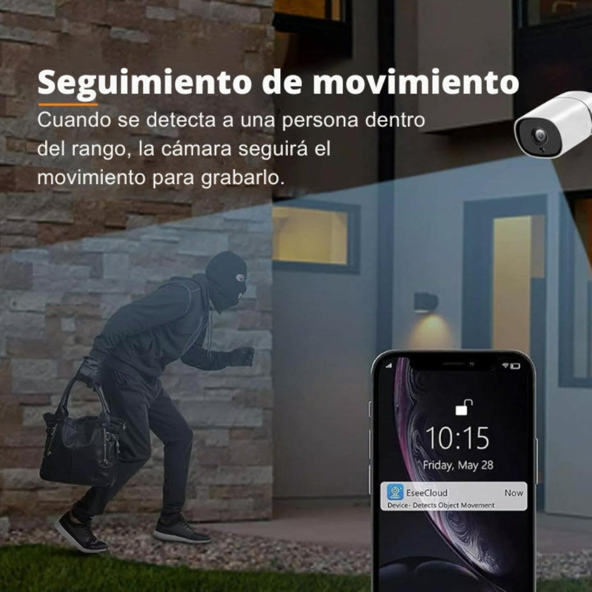 Una persona huye de una casa con una cámara de seguridad y un teléfono con una alerta.