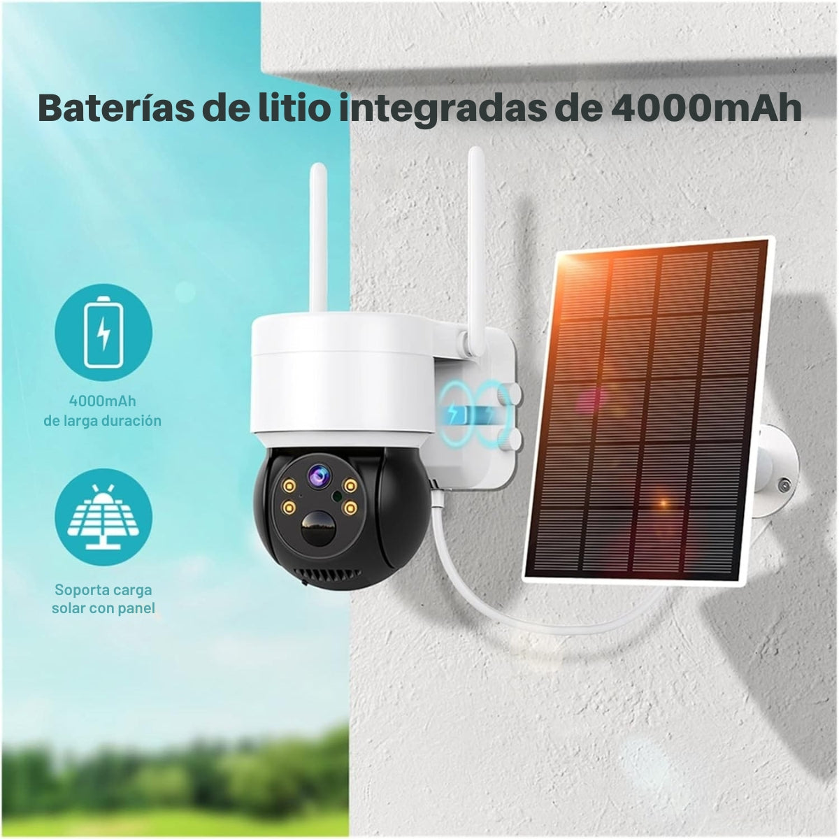 Una telecamera di sicurezza in bianco e nero con un pannello solare. Mostra i simboli della batteria e della ricarica solare.