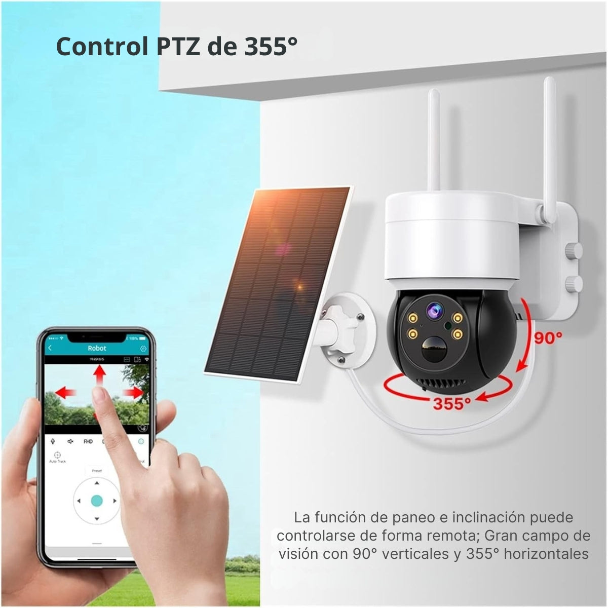 Una telecamera di sicurezza con pannello solare e smartphone che mostra i controlli. La telecamera è in bianco e nero.