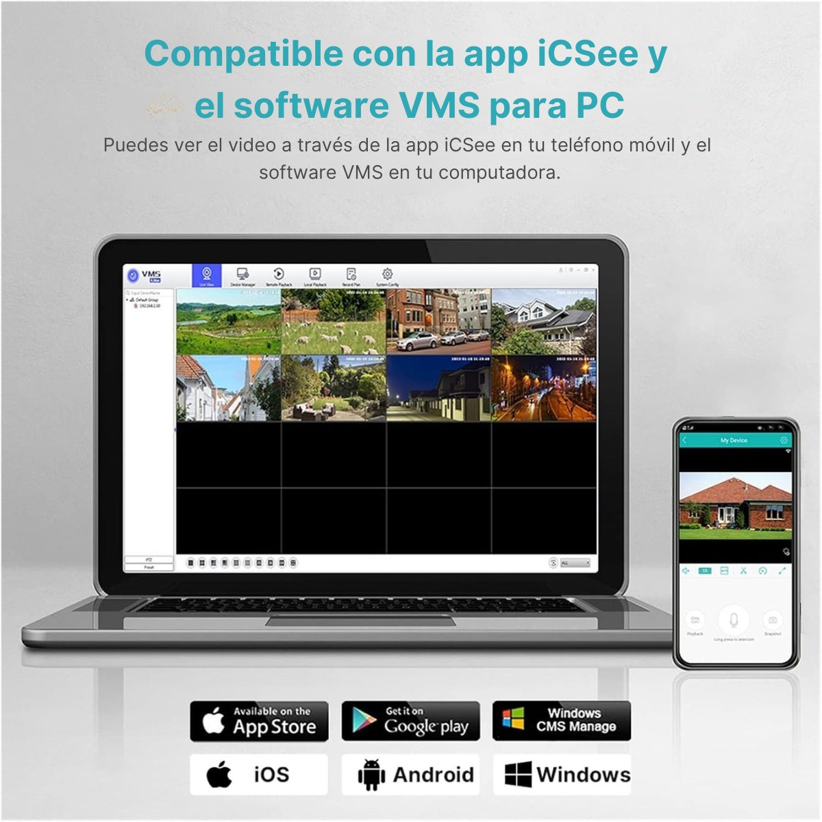 Laptop con riprese di telecamere di sicurezza e app mobile su un telefono.