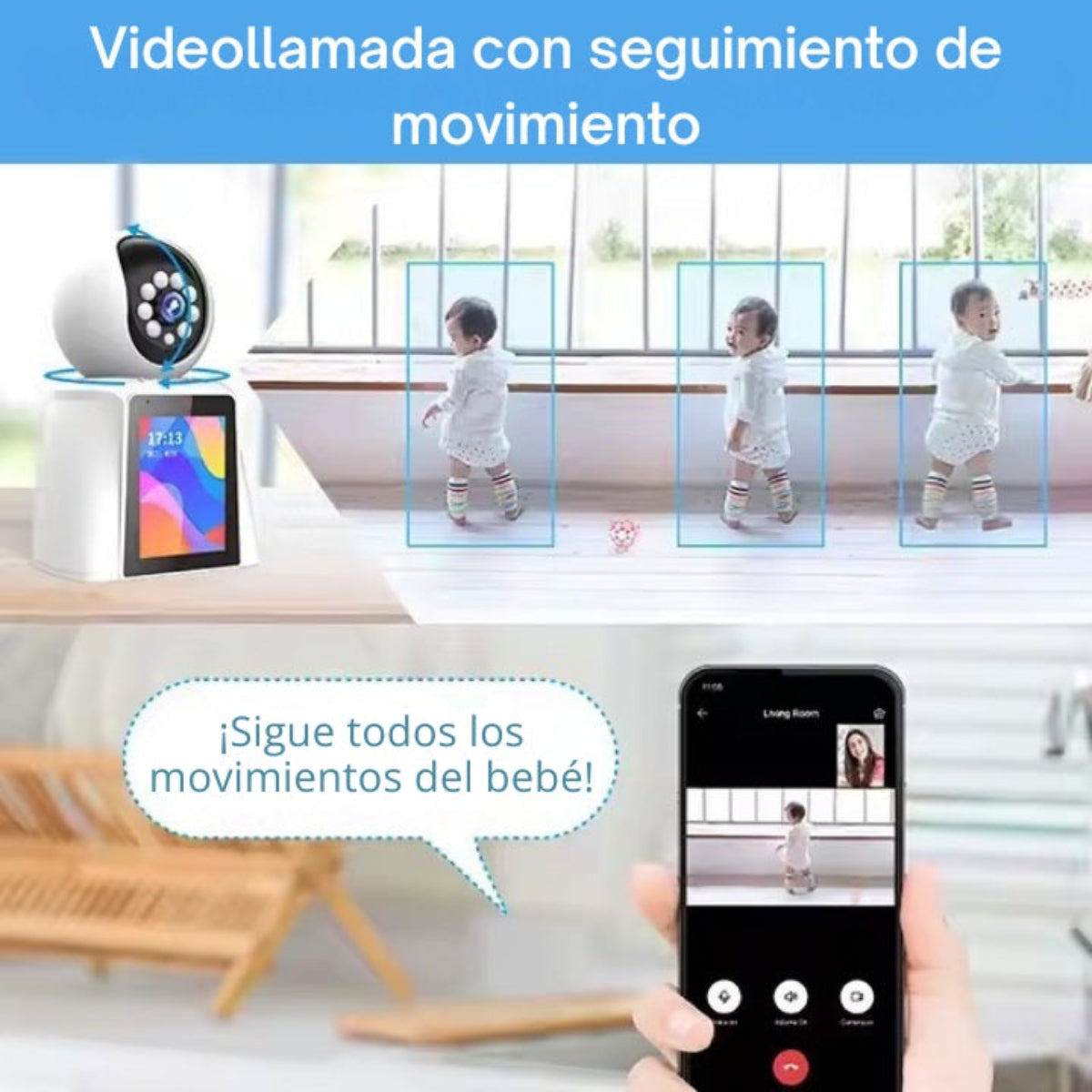 Baby monitor che mostra bambini sullo schermo e uno smartphone con l'app.